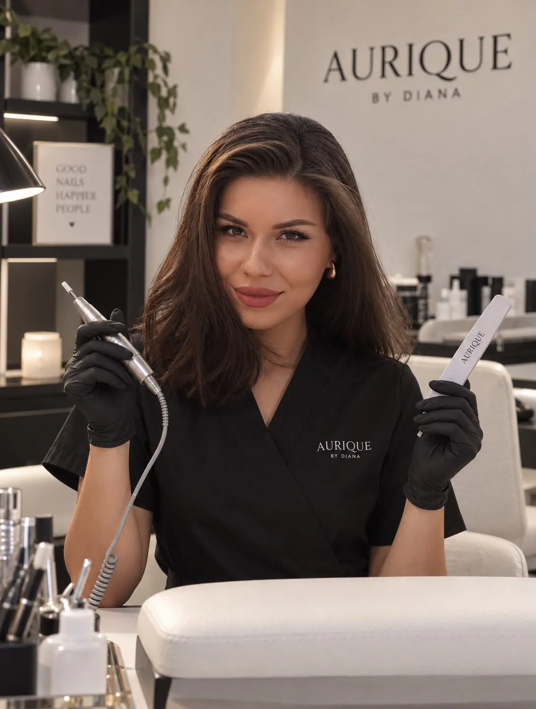 Diana at her manicure table in the Aurique studio, holding an e-file and a nail file